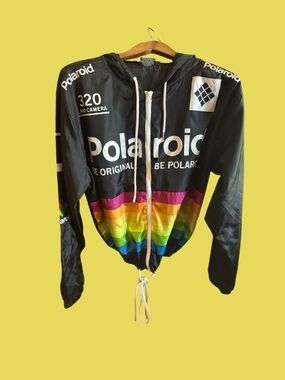 Polaroid Black Windbreaker Jacket with Rainbow Stripe Photography Lovers Size XL